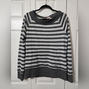 Roxy Two Tone Gray Striped Sweatshirt Zip Up Back, Large, Excellent Condition